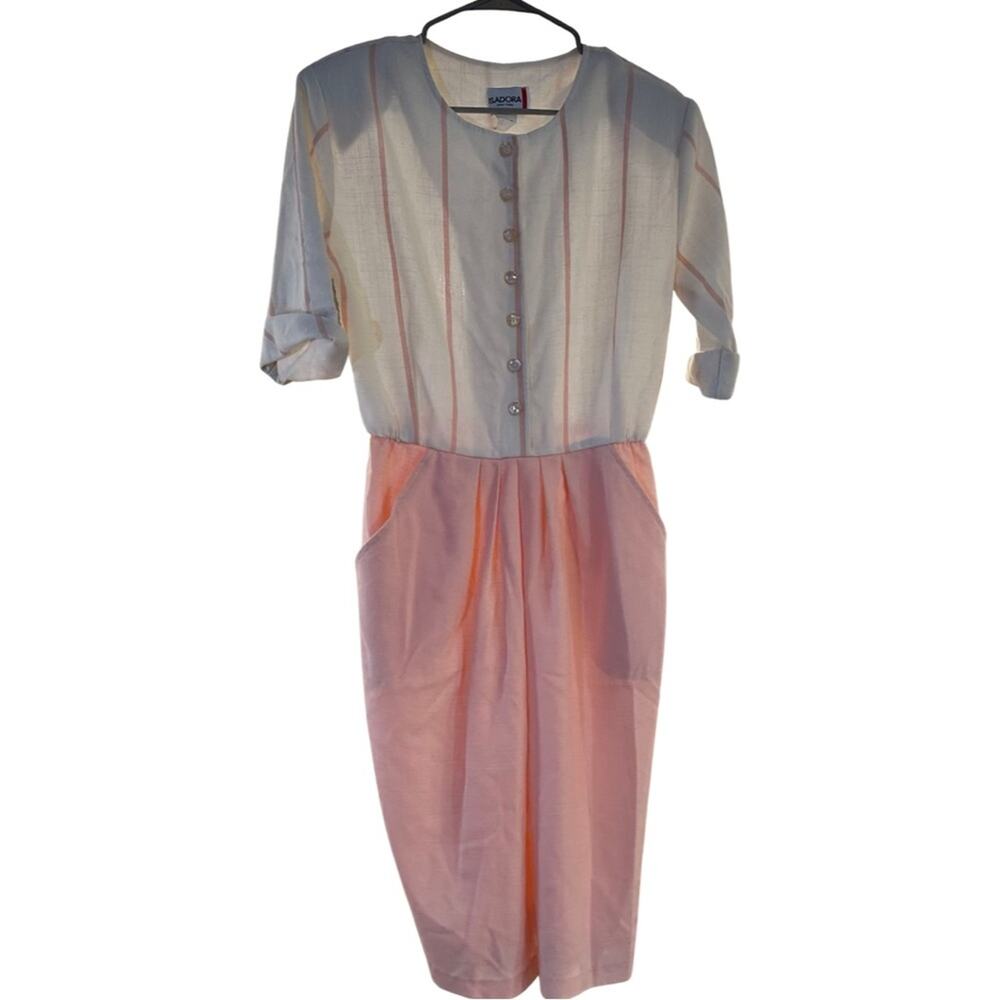 Vintage 80s Fashion Isadora New York Pink White Secretary Dress w/ Shoulder Pads